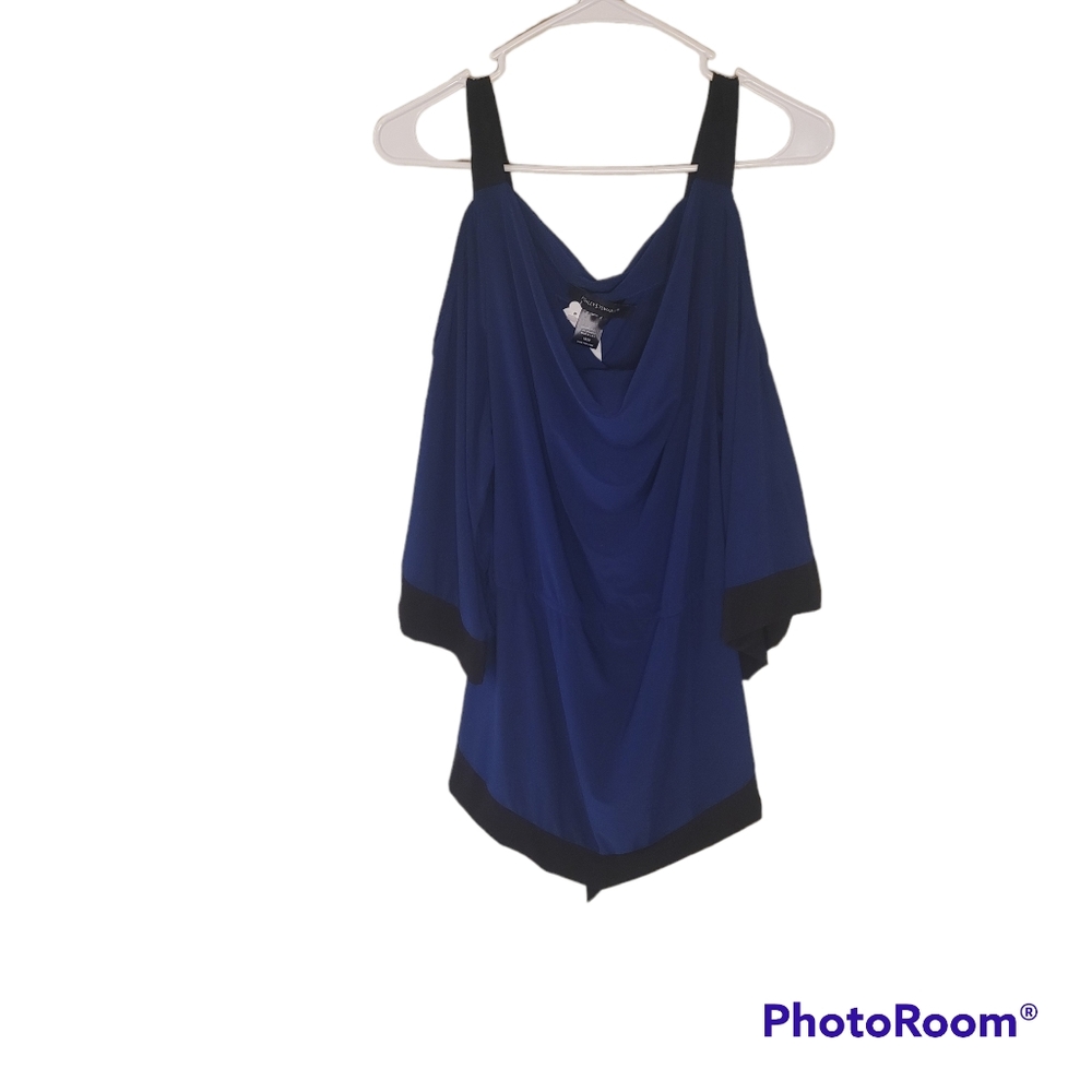Ashley Stewart blue cold shoulder  blouse with black trim. Size 18/20.